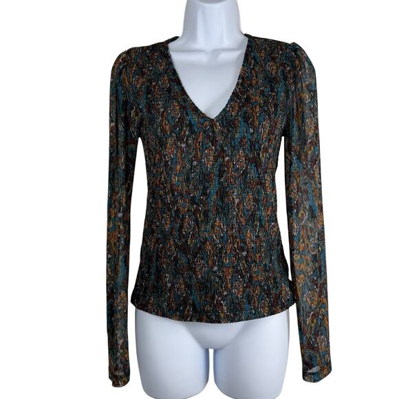 Evereve Top Womens Small Blue Floral Kate Smocked Mesh Sleeve Whimsigoth Fairy - Picture 1 of 10